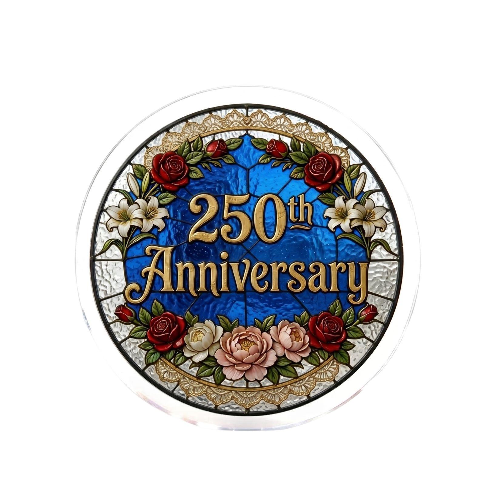 

250th Anniversary Decorative Round Stained Glass Style Plate with Floral Pattern and Engraved Lettering for Commemorative Display Use one size
