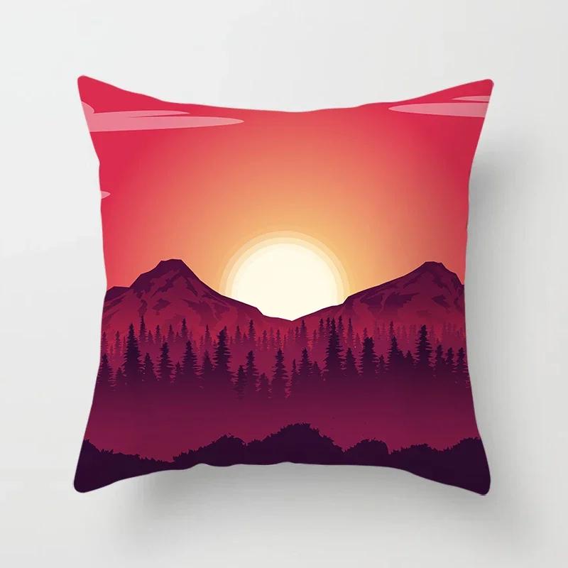 Cartoon Illustration Sunset Landscape Printed Pillowcase Living Room Sofa Bedroom Home Decoration Cushion Cover