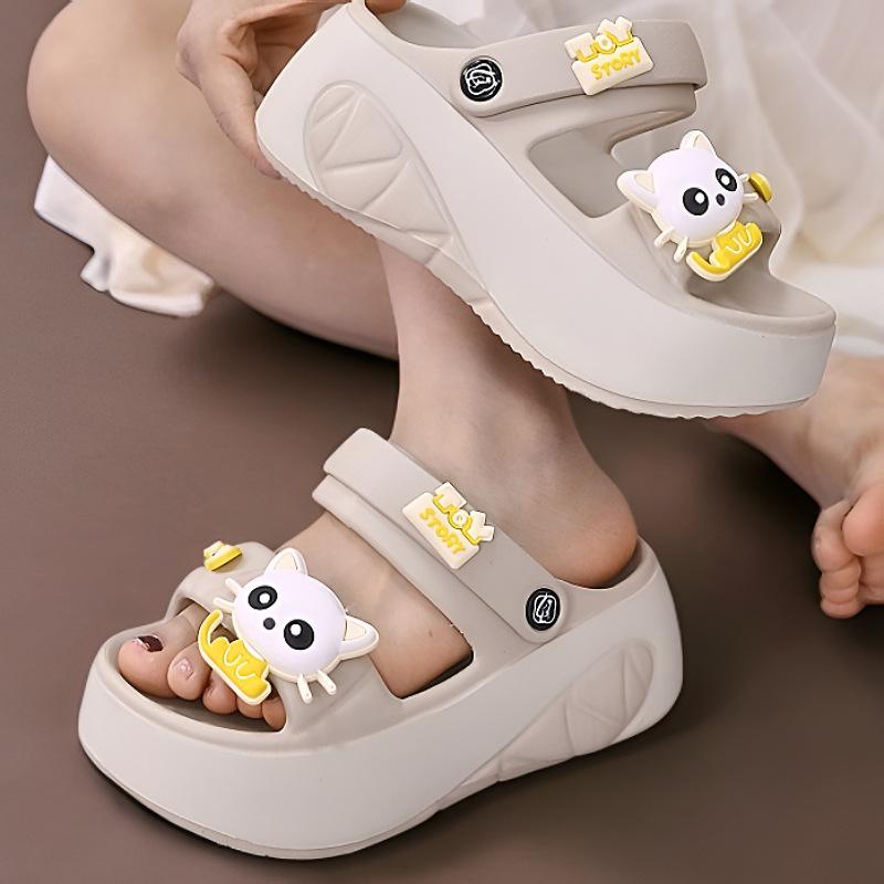 

New 6 cm high heeled cat slippers woman versatile kitty sandal clogs women chunky slides shoes ladies pink platform EVA slippers 35-36 песочный