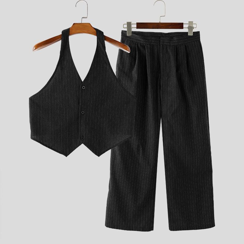 

INCERUN Мужской комплект из двух предметов: безрукавная майка с халтером и длинные брюки на молнии 3XL чёрный