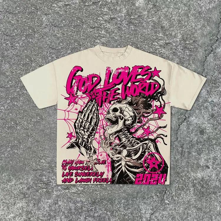 Hot Selling God Loves The World Graphic Print Casual Short Sleeve Streetwear Fashion Loose Oversized Cotton T-Shirt Men Women Summer New Tee