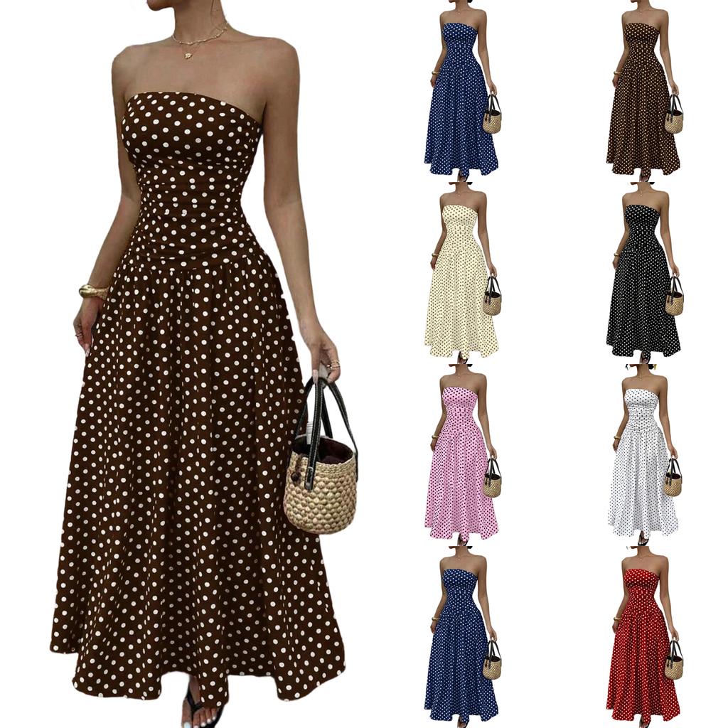 Strapless Polka Dot Print Maxi Dress for Women Sleeveless A Line Long Sundress Casual Summer Holiday Outfit