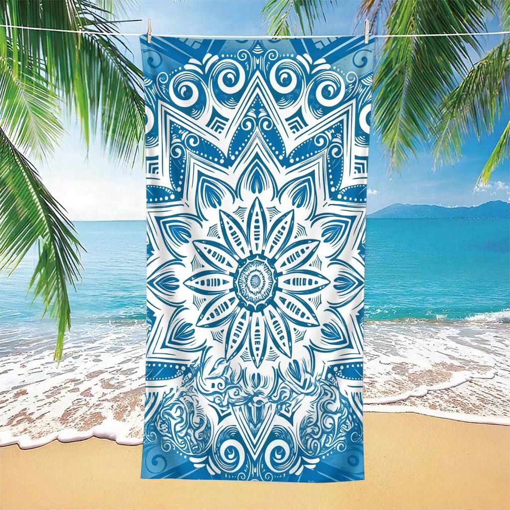 1 Piece Intricate Blue Mandala Beach Towel-Super Soft Quick-Dry Microfiber, Vibrant Geometric Floral Pattern for Travel, Yoga