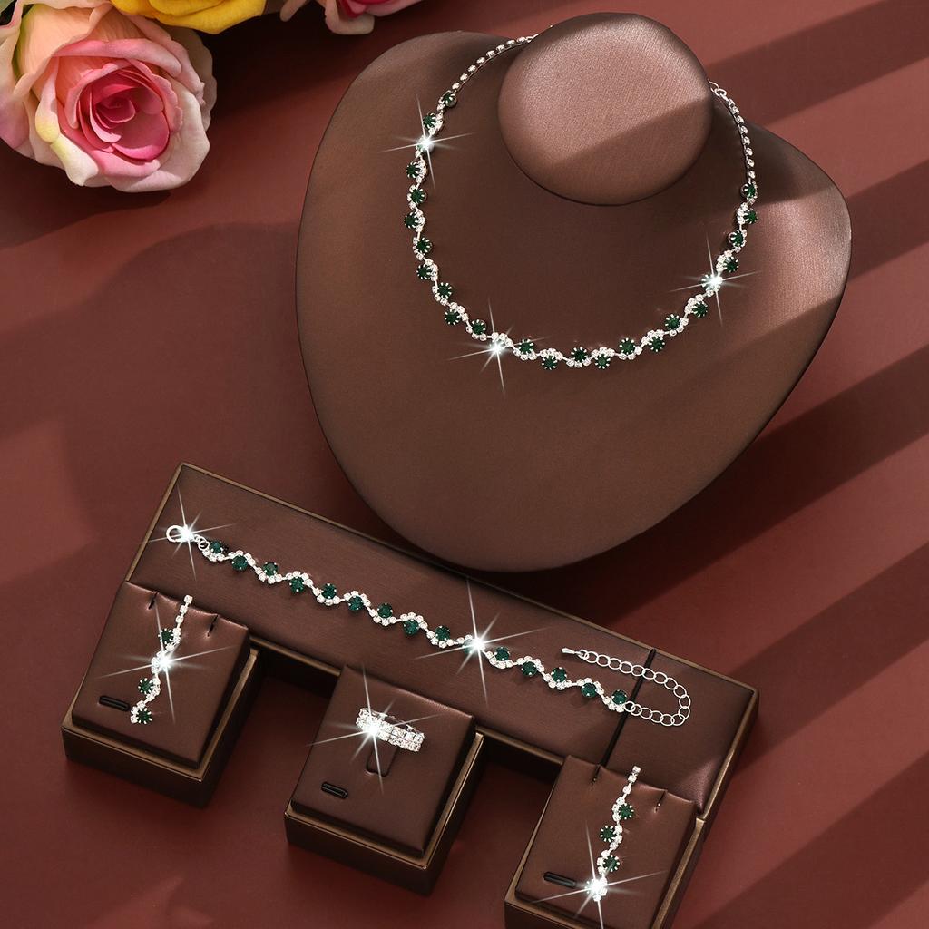 Silver Diamond Necklace Earrings Bracelet Three-piece Set