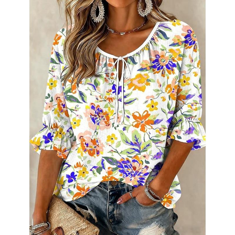 Women's White Multicolor Floral Print Tie Neck Blouse, Casual Loose Tops for Spring Summer Daily Wear Vacation Occasions