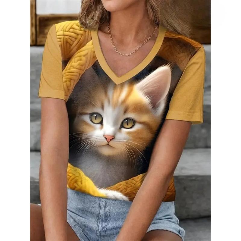 Loose V-neck Versatile Top Fashion Printed Casual T-Shirts Women’s L