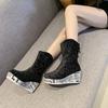 Fashion Boots Women's 2025 Autumn New Plus-size Printed Edge-trimmed Fashion Rhinestone Round-headed Thick-soled High-heeled Ankle Boots