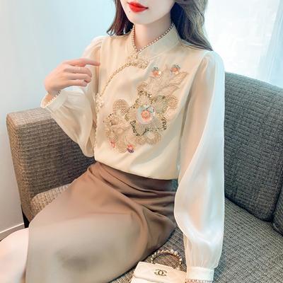 Cheongsam Modified Long-sleeved Shirt for Women In Spring New Heavy Industry Thin Pearlescent Top