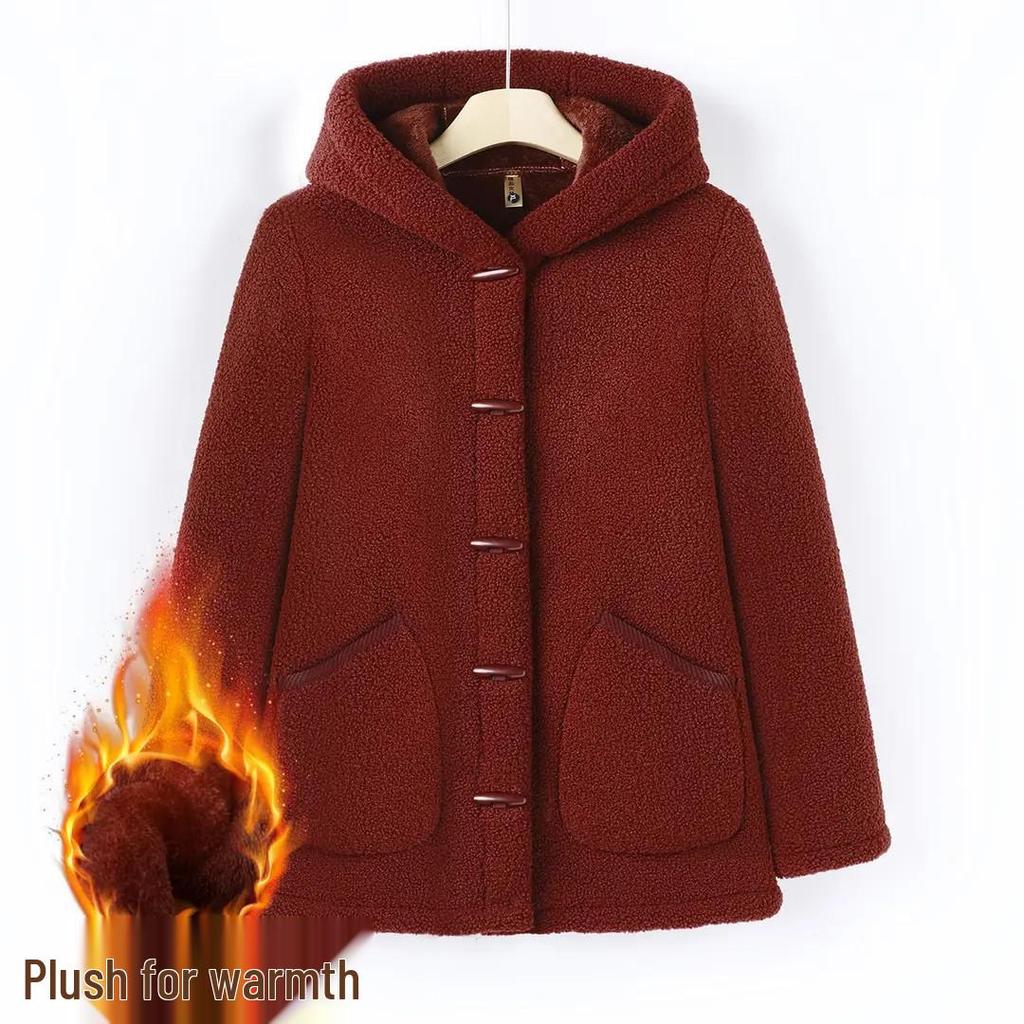 One-Piece Fashionable Winter Hooded Jacket for Middle-Aged and Elderly Women - Plus Velvet and Fleece Lined
