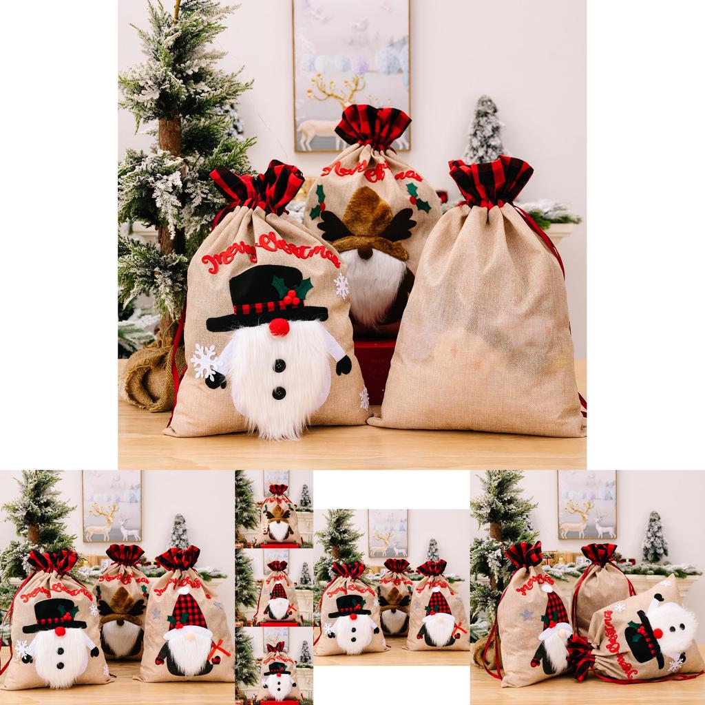 Cartoon Style Christmas Burlap Gift Bags Featuring Merry Snowman Reindeer Design
