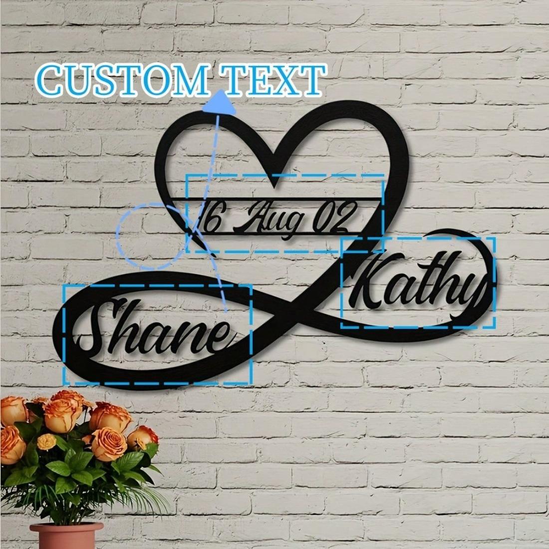 

Custom Infinity Heart Metal Wall Art, Personalised Couple Names Date, Removable Vintage Matte Sign for Boho Home Decor M чёрный