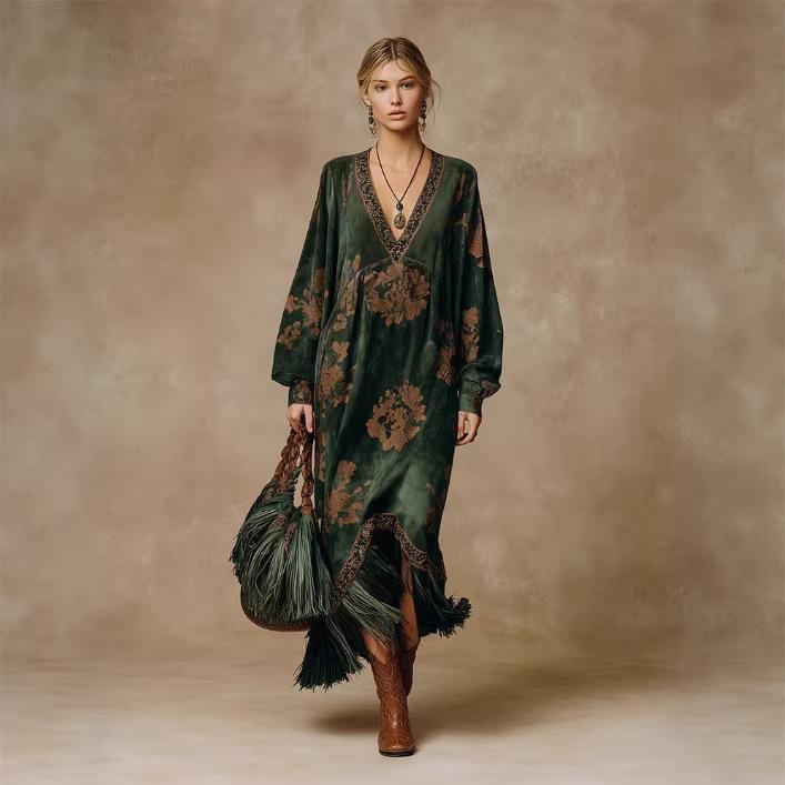 Damen V-Ausschnitt Langes Ballonärmeliges Blumenmuster Samt Maxikleid Lockere Taille Quasten Saum Vintage Boho Kleid