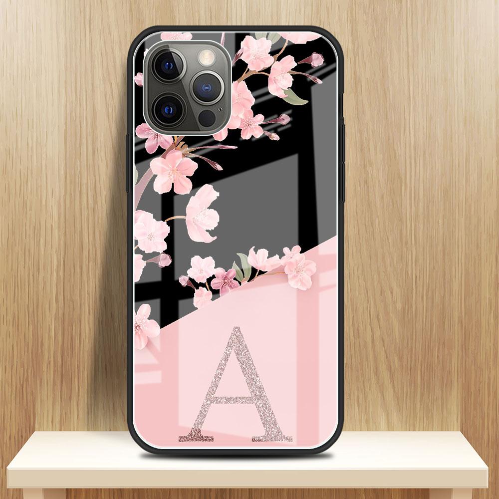 Custom Cherry Blossom Flower Initial Glass Case For Apple iPhone 14 13 Pro 11 12 7 8 Plus SE 2022 XR X XS Max 6 6S Phone Cover