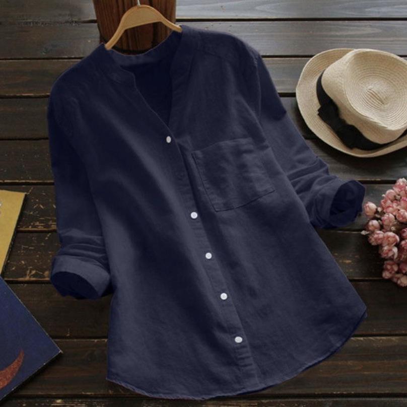 Women's Blouse Cotton and Linen Solid Color Long-sleeved Large Size Casual Loose Pocket Shirt