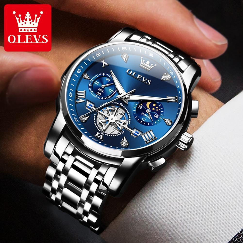 OLEVS 2856 Classic Quartz Watches for Men Flywheel Skeleton Moon Phase Chronograph Waterproof Luminous Men's Dress Wristwatches