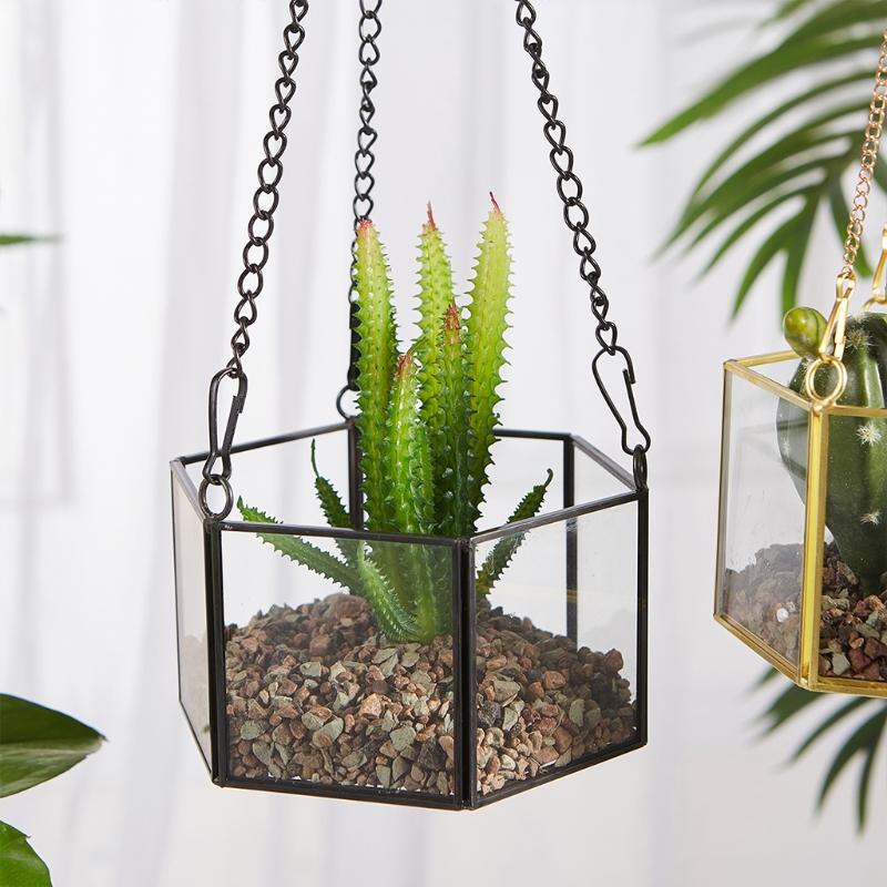 Modern Hanging Glass Terrarium Geometric Hexagon Shaped Succulent Air Plant Holder Container Wall Planter Flower Pot X3UC