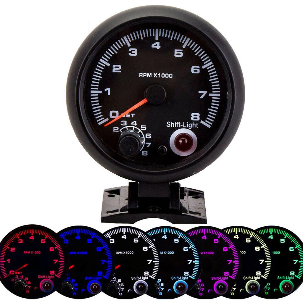 Drehzahlmesser RPM 7 Farben LED-Licht Tacho 95mm Benziner Auto LKW Boot Zeiger Drehzahlmesser 0-8000RPM Universal Schwarz