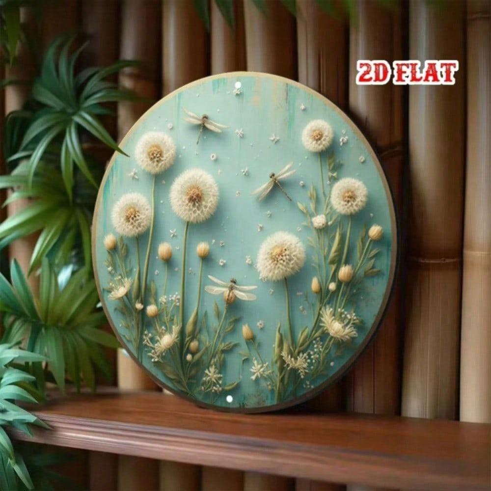 Vintage Dragonfly Wildflower Round Metal Wall Art, Rustic Aluminum Sign for Home Decor