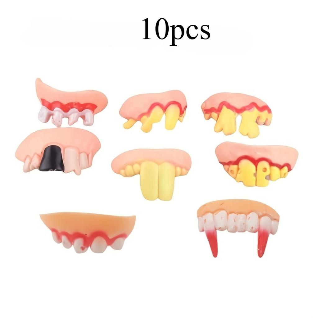 10 Pieces Prank Dentures Novelty - Mixed Color Plastic Assorted Funny Dentures for April Fools' Day and Halloween Props
