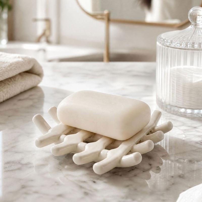 Countertop Ceramic Soap Dish with Raised Drain Rails for Bathroom Sink Use, Kitchen Counter and Guest Washroom