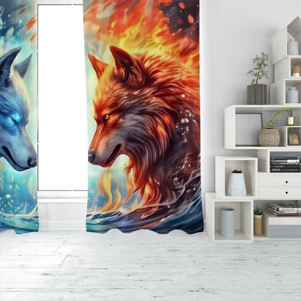 2pcs- Ice and Fire Wolf Head Polyester Curtains, Pole Bag Curtains 42 * 84, Bedroom, Living Room, Home Room Decoration
