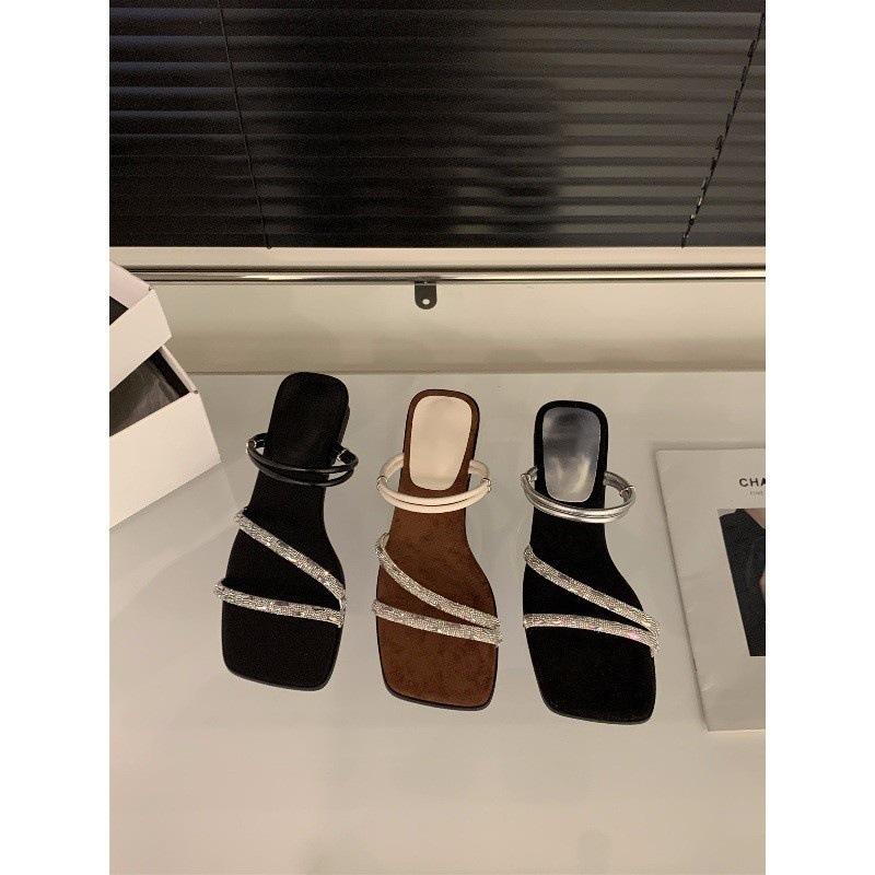 Coarse heel French small cool slippers fairy shoes outer wear 2025 new summer skirt Roman shoes rhinestone sandals
