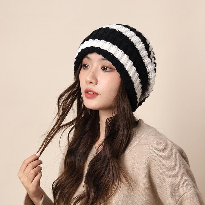 Pile hats autumn and winter lazy wind color matching coarse knitted wool hats women's cold hats men's big head circumference showing small face