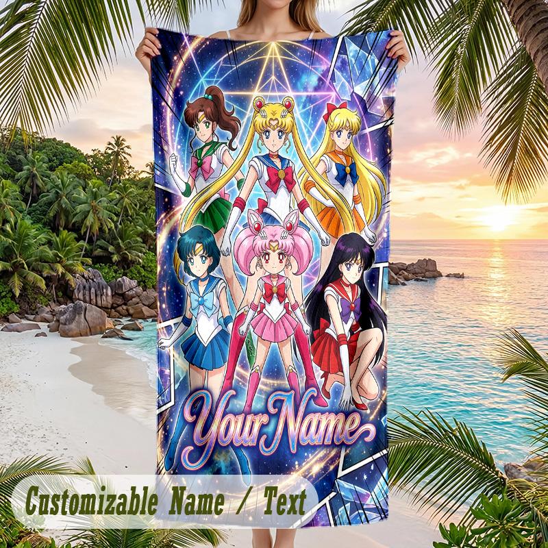 Sailor Moon Beach Towel, Personalized Custom Name Text, Quick Dry Large Absorbent Towel For Beach Pool