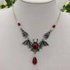 Gothic Vampire Bat Necklace with Red Crystal Beads In Retro Silver Style
