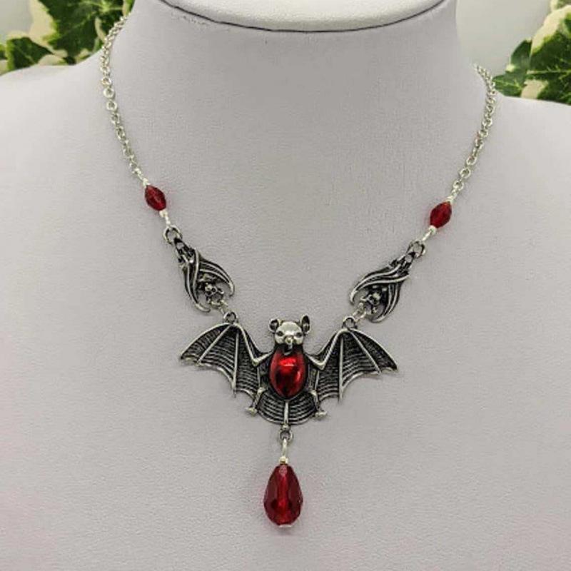 Gothic Vampire Bat Necklace with Red Crystal Beads In Retro Silver Style