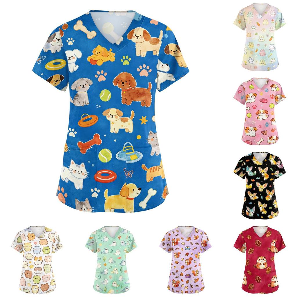 Women's V Neck Short Sleeve Work Top with Pockets Animal Print Medical Scrub Shirt for Caregivers Nurse Uniform