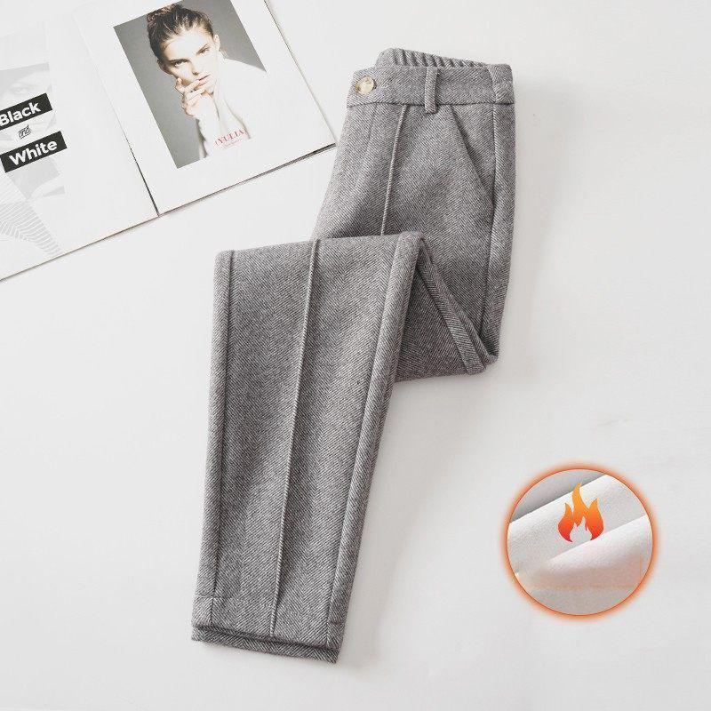 High Waist Wool Blend Pants Women Winter Thicken Plush Lined Harem Pantalones Office Casual Warm Ankle-length Woolen Spodnie