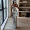 Women Sequin Spaghetti Strap Maxi Dress Backless Bodycon Long Evening Dress Glitter Slim Fit Party Gown For Prom Wedding Club