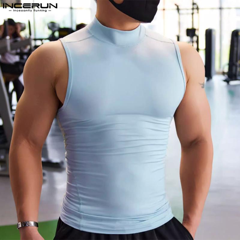 INCERUN Summer Men Sleeveless Back Patchwork Stretch Skinny Tank Tops T-shirts