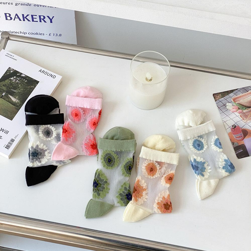 Křišťálové hedvábné ponožky Dámské Letní Ultratenké Průhledné Nylonové Dlouhé Ponožky Květinová Výšivka Japonské Kawaii Roztomilé Síťované Krajkové Ponožky