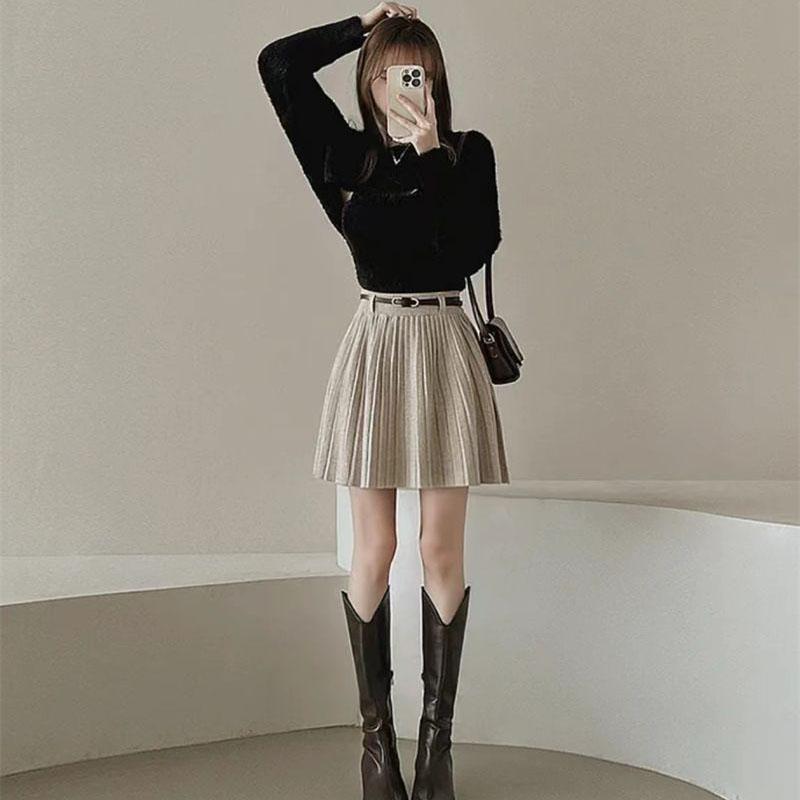 Autumn Winter Knitted Pleated Skirts Women Korean Fashion High Waist A-Line Skirts Ladies Elegant Streetwear Gray Skirt