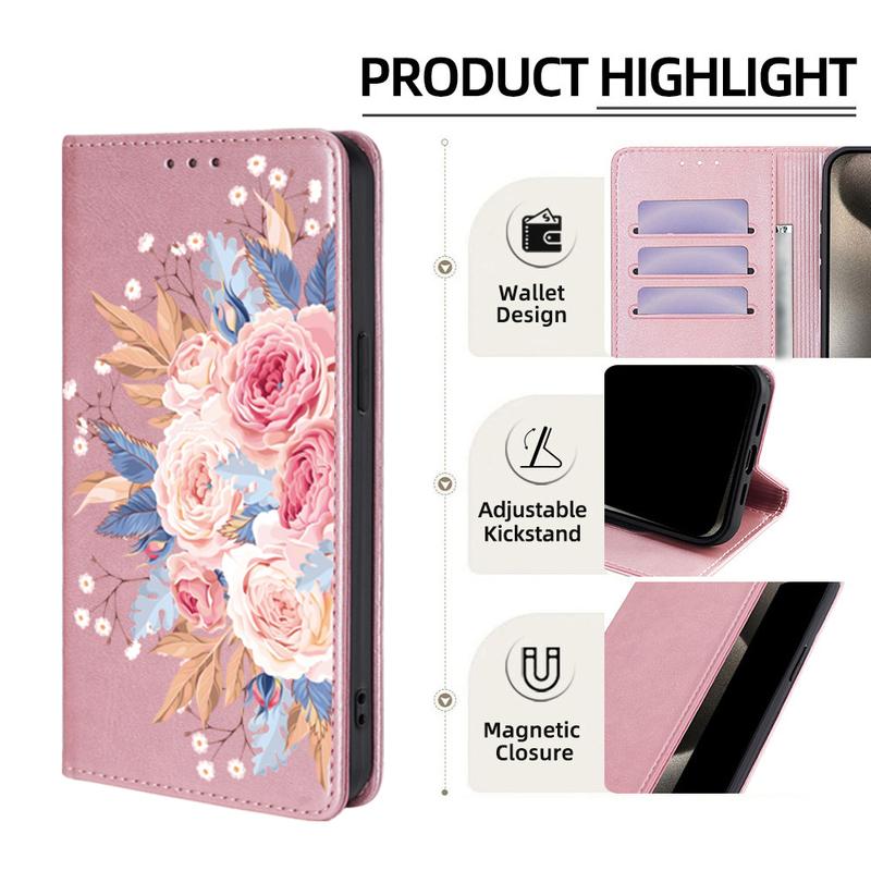 Flower Pattern Magnetic Leather Flip Wallet Case for iPhone 17 Pro Max 16 15 14 13 12 11 Pro Max 16 Plus Air Card Slots Holster