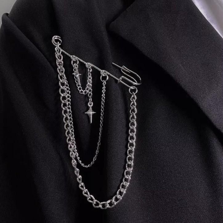 Trendy Hip-Hop Star Cross Brooch: Women's Stylish Lapel Pin with Chain & Unique Personality