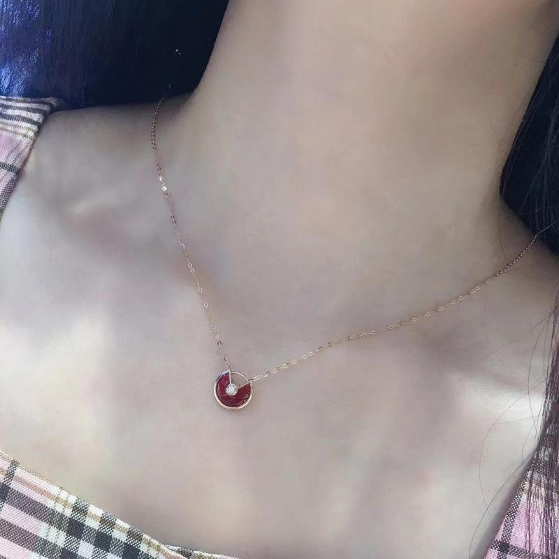 18K Rose Gold Plated Amulet Necklace: Elegant, Simple, Versatile with Carnelian Inlaid Diamonds & Collarbone Chain