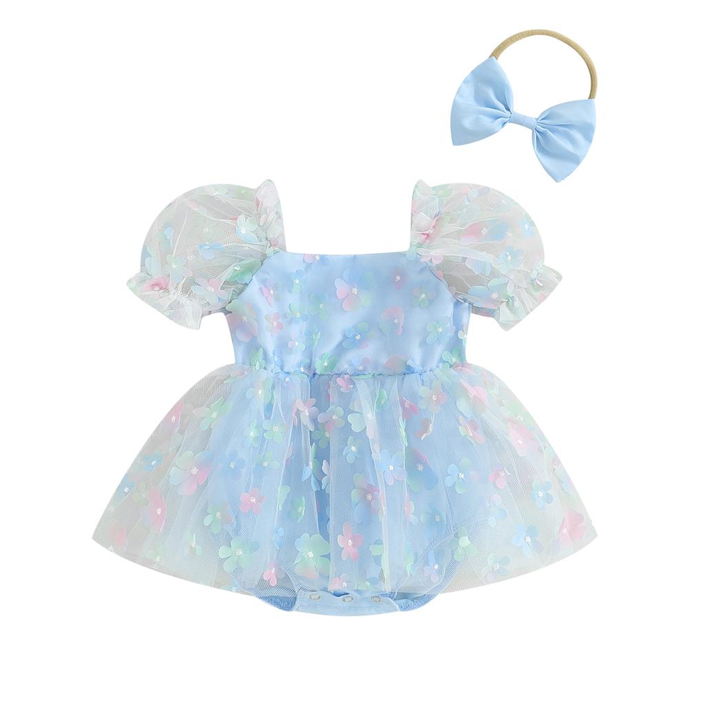 Baby Girl Summer Outfits Short Puff Sleeve 3D Flower Romper Tulle Dress with Headband Set 2Pcs Clothes