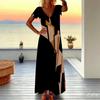 Women Plus Size V Neck Short Sleeve Maxi Dress Black Beige Brown Geometric Block Print Loose Long Dress