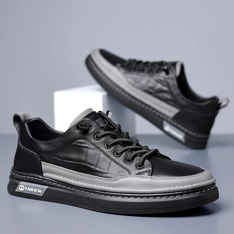 Fashion High Quality Men Casual Leather Shoes Stylish Comfy Flat Designer Shoes Brand Male Vulcanized Shoe Antiskid Outdoor Driving Shoe
