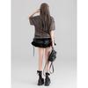 Bow Embroidery Short Sleeve T-shirt - Summer 2026, Dune Wasteland Style, Loose Fit, Ripped Drawstring, Slimming Design