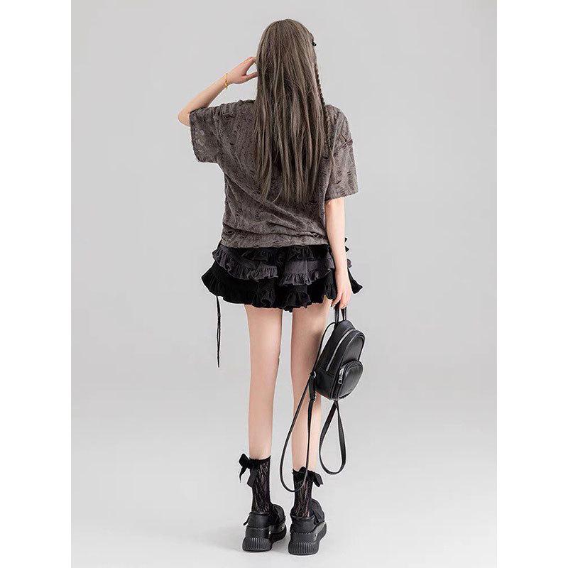 Bow Embroidery Short Sleeve T-shirt - Summer 2026, Dune Wasteland Style, Loose Fit, Ripped Drawstring, Slimming Design