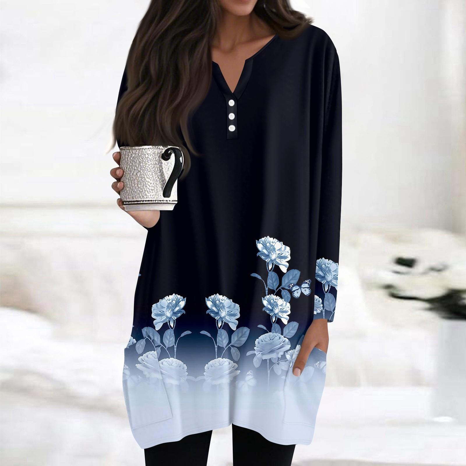 

Женские топы V-образный вырез пуговицы длинный рукав блузки повседневные средней длины рубашки модный принт туника топы с карманами XXL