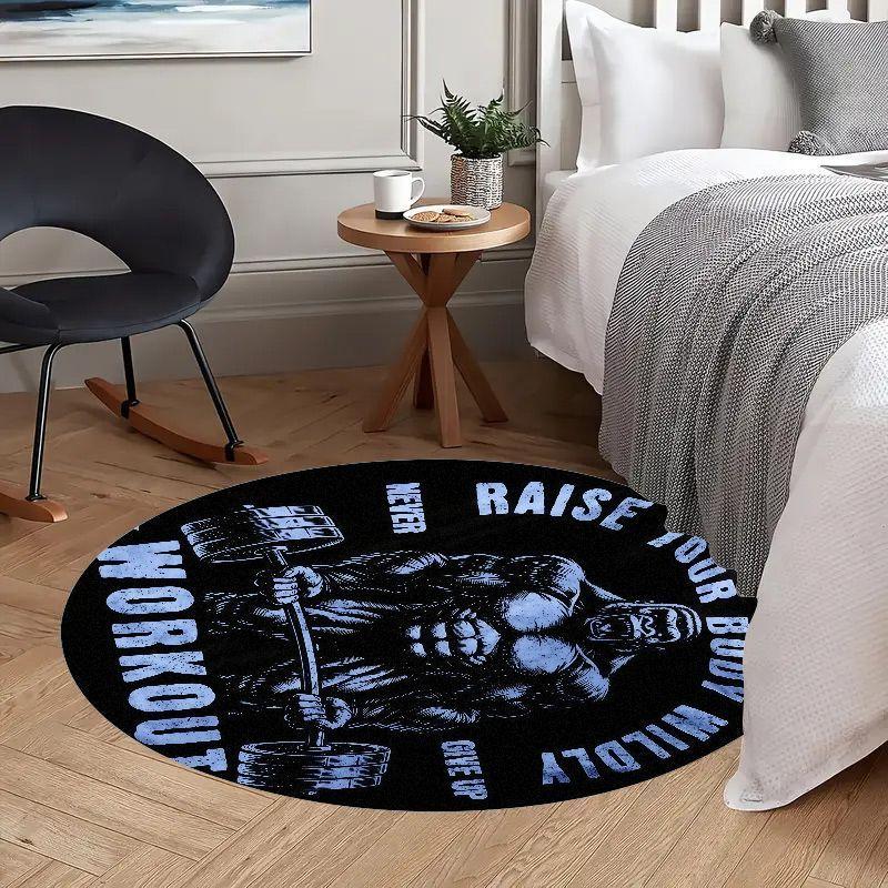 Muscle Man Workout Quote Round Rug Flannel Gym Motivation Floor Mat Home Fitness Zone Bodybuilding Inspiration Black Background