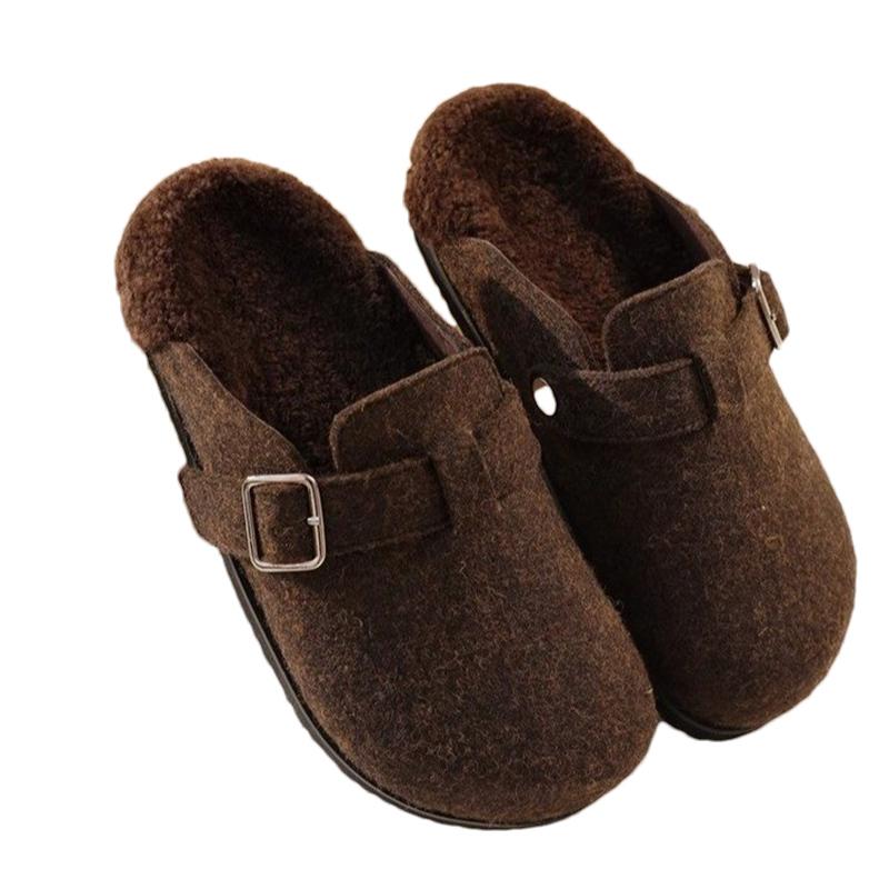 Suede Women Flats Cotton Slippers Short Plush Designer Buckle Casual Mules Shoes 2025 Trend Walking Warm Winter Snow Botas Mujer