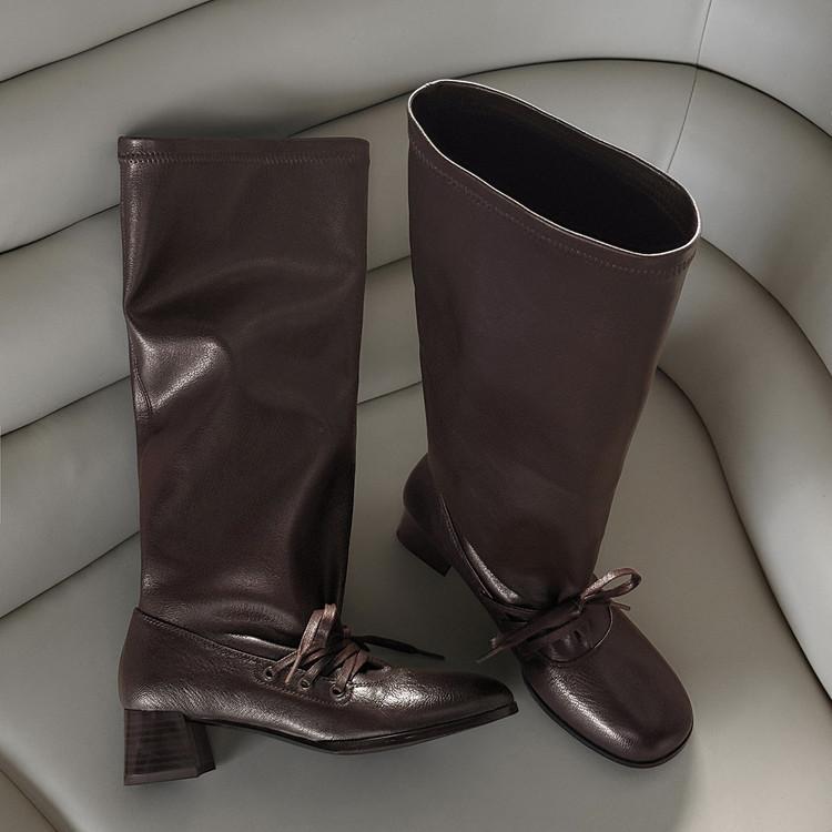 Skinny high-heeled boots 2025 autumn and winter new thick-heeled lace-up wrinkled stacked high boots female knight boots female