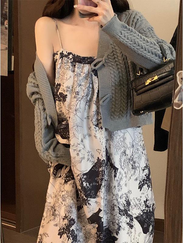 Plus Size Women s Retro Ink Wash Chinese Style Black & White Floral Long Dress 3XL (for 160-180 jin)