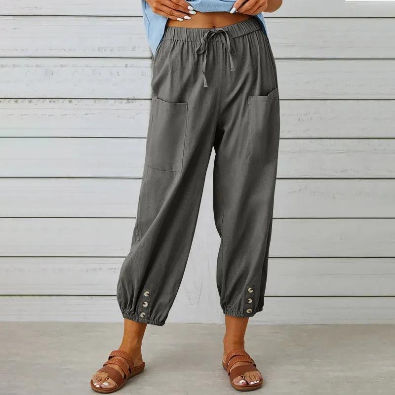 Summer Women's Cotton and Linen Pants Solid Color Wide Leg Pants Hemp Casual Trousers Oversized Elastic Waist Pocket Long Pants